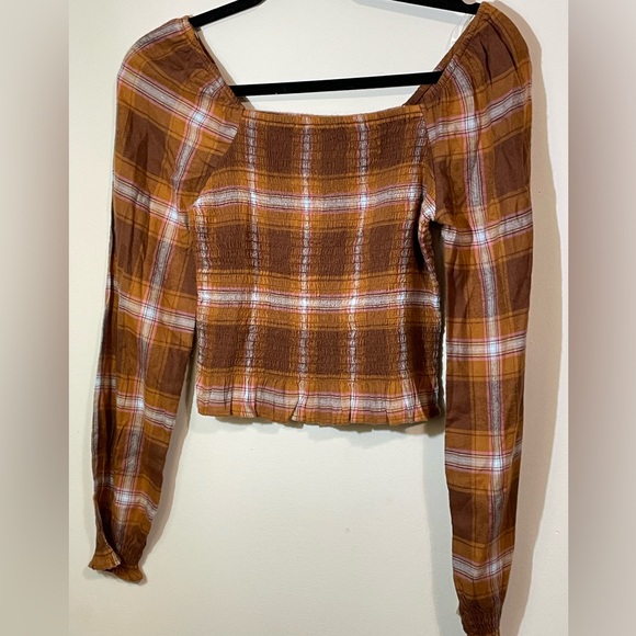 SO Blouse Women's XS Brown Plaid Smocked Cropped Square Neck Long Sleeve - Picture 2 of 8